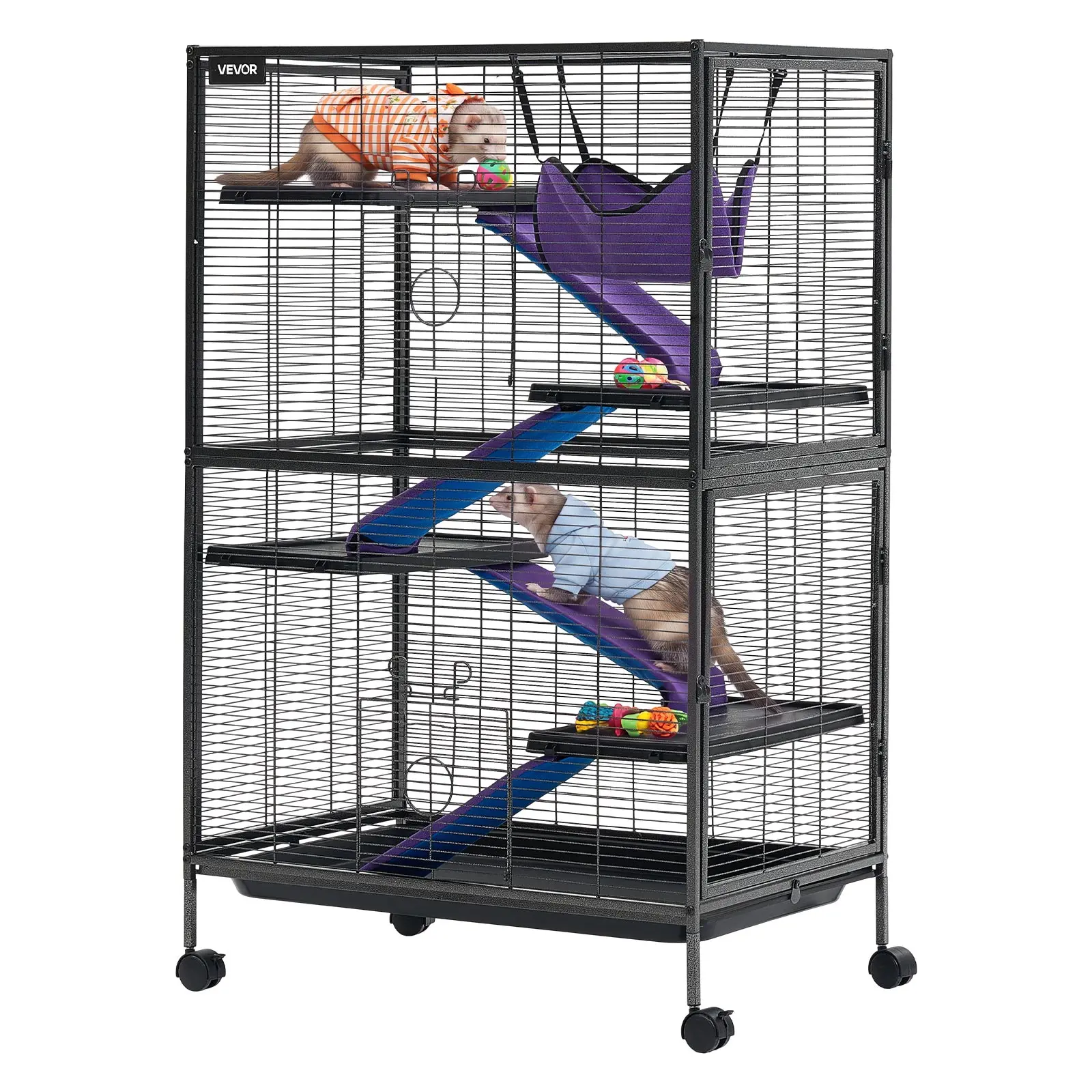 VEVOR Metal Small Animal Cage 50"H 5-Tier Rolling Ferret Cage On Wheels, 0.55" Wire Spacing Large Cages with Hammock, Ramps, Tray & Doors for Ferret, Chinchilla, Sugar Glider, Guinea Pig & Rabbit