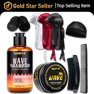 Goiple 360 Wave Shampoo Wave Pomade Strong Hold 360 Training Hair Cream, Wave Butter for Men Pocket Palm Brush Curved Brush Silky Durags for Men Extra Long Tails Wave Brush Wave Cap Set