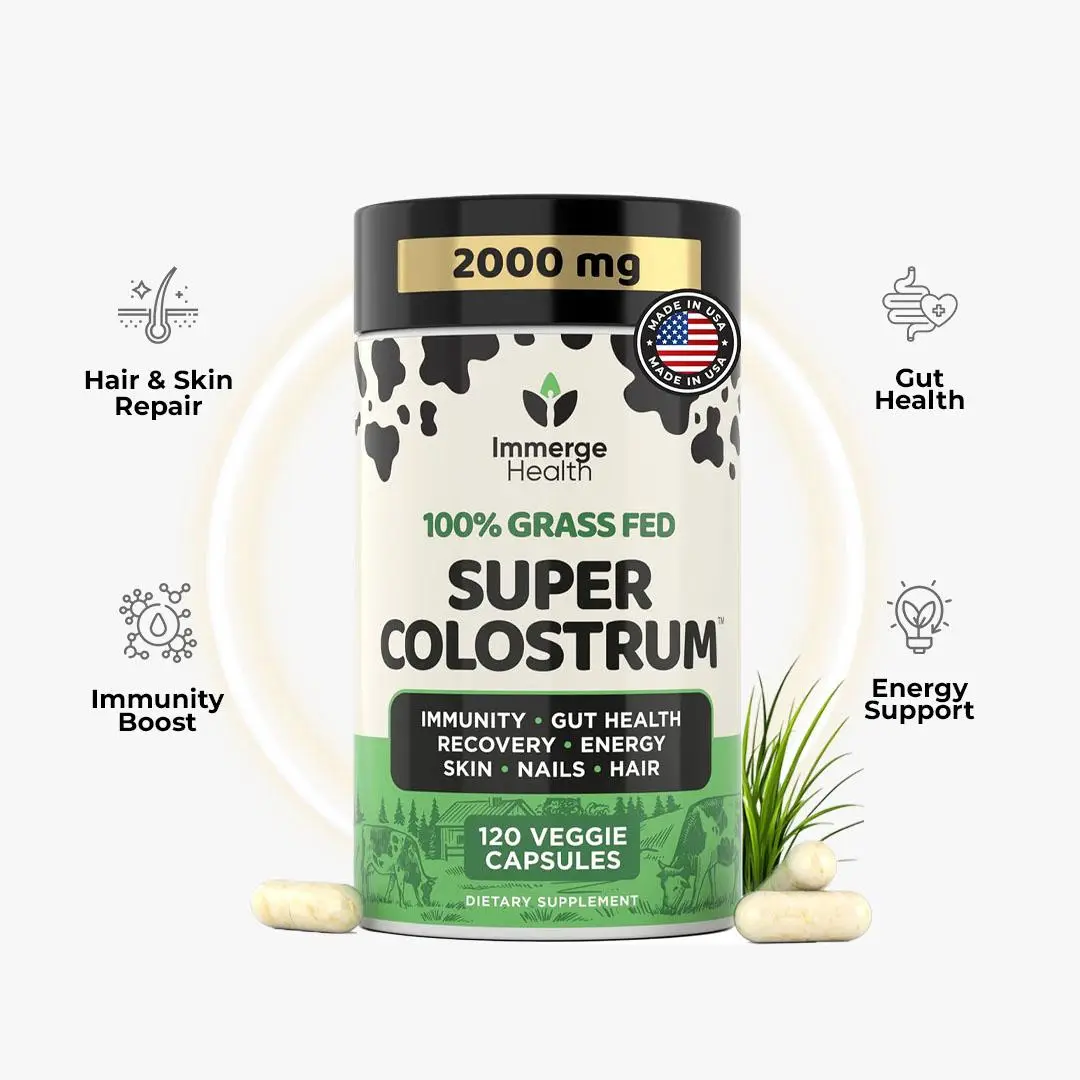 Immerge Health Super Colostrum Capsules 2000mg - 120 Veggie Capsules for Gut Hea...