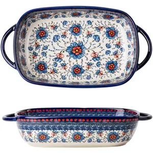 Blue and Orange Flower Vintage Style Ceramic Bakeware Casserole Dish Baking Pan Lasagna Pans with Handles for Oven/Cooking/Kitchen-1 PCS-22 OZ