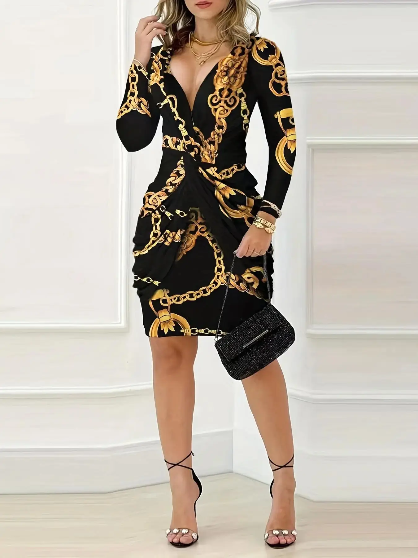 Women's Chic Print Twist Ruched Bodycon Dress, Elegant Fitted, Elegant Formal Longsleeves V Neck Short Dress Party, Homecoming Dresses, Women Dress Fall, Vintage Girly Clothes, Evening Party Dresses, Elegant Party Apparel, Womenswear