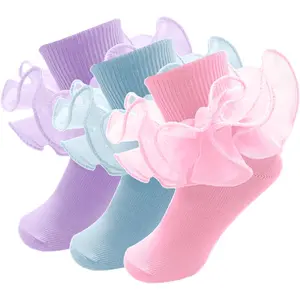 KF5-SOC023   Girls Ruffle Socks Toddler Double Lace Sock Turn Cuff Frilly Dress Socks Pageant with Ruffles Little Baby Girl Kids