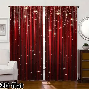 2D Flat 2Pcs Red Velvet Curtains with Sparkling Star Pattern, Semi Sunshade Rod Pocket Design, Light Blocking for Home Window Treatment, Christmas Festive Decor, Home Decoration Curtain, Home Decorative Curtain, Privacy Protection