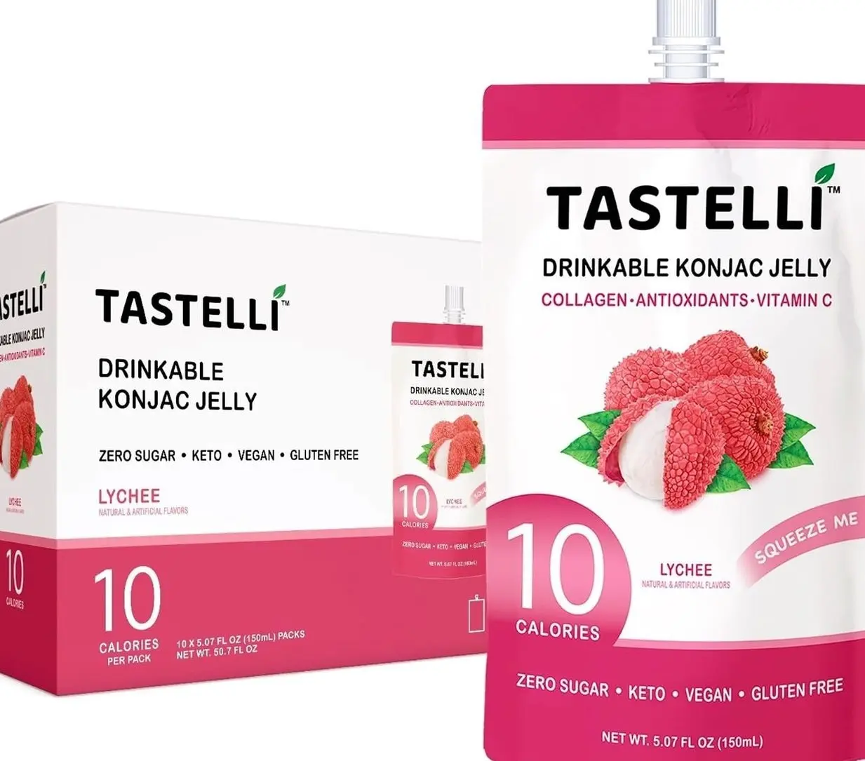 Tastelli Konjac Jelly Infused with Collagen Drink + Vitamin C + Antioxidants / 10 Calories, Vegan, Zero Sugar/Healthy Drinkable Dessert Pouch / (Lychee) - 150mL x 10 Pouches