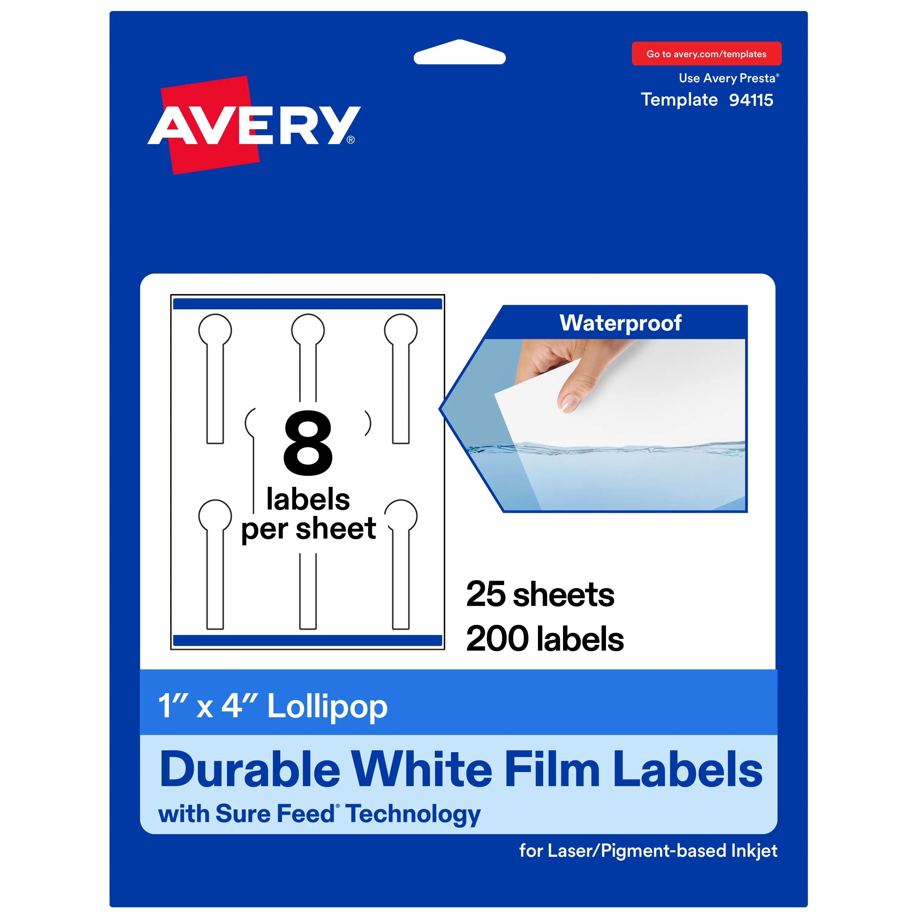 Avery Durable Waterproof Lollipop Labels with Sure Feed, 1" x 4"