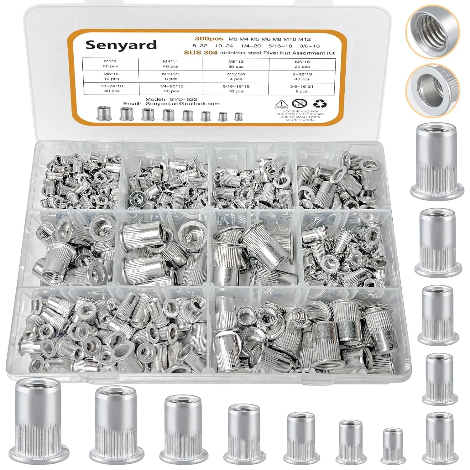Metric & SAE Rivet Nuts Assortment kit, 300 Pcs Stainless Steel Rivet Nuts kit, M3 M4 M5 M6 M8 M10 M12#8-32#10-24 1/4"-20 5/16"-18 3/8"-16 Stainless Rivet nut rivnuts