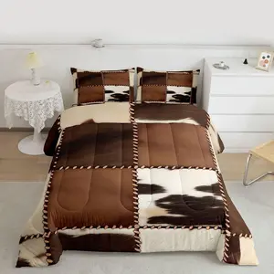 Cowhide Pattern Comforter Set,Cow Fur Printed Bedding Set,Farmhouse Comforter,Western Animal Skin Plaid Brown White Duvet Set with 1 pillow case