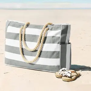 Large Capacity Beach Bag, Boho Style Vacation Bag, Outdoor Travel Swimming Pool Bag, Jute Rope Shoulder Strap, Zipper Closure, Swimming Accessories, Beach Tote, Stylish Bag, Fashionable Bohemian Bag