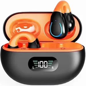 Open Ear Bone Conduction Headphones Bluetooth Wireless Clip On Earbuds with Digital Display Charging Case 60 Hours Playtime IPX4 Waterproof Sports earphones for Running, Walking, Workout(Black Orange) Audio Silicone Chargeable Multifunction Plug
