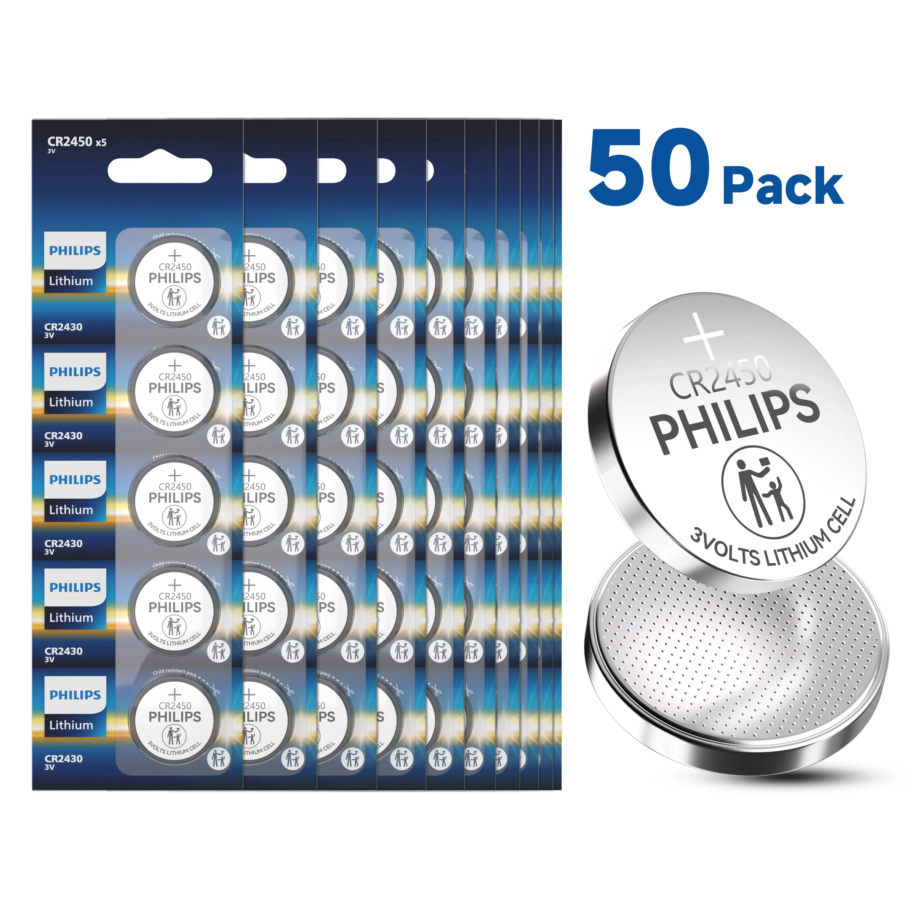 Philips CR2450 3V Lithium Coin Button Battery 50-Pack - Leak-Proof, Long Storage Life, Extreme Temp-Resistant, Child-Secure Packaging for Wireless Key Fobs, Car Remotes, Garage Sensors, Digital Devices