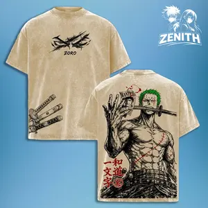 Zoro "Three Sword Style" One Piece Washed Oversized T-shirt | Vintage Anime Graphic Double Printed Tee | Heavyweight Cotton Manga Streetwear | Otaku Fashion Top for Pirate Hunter Fans