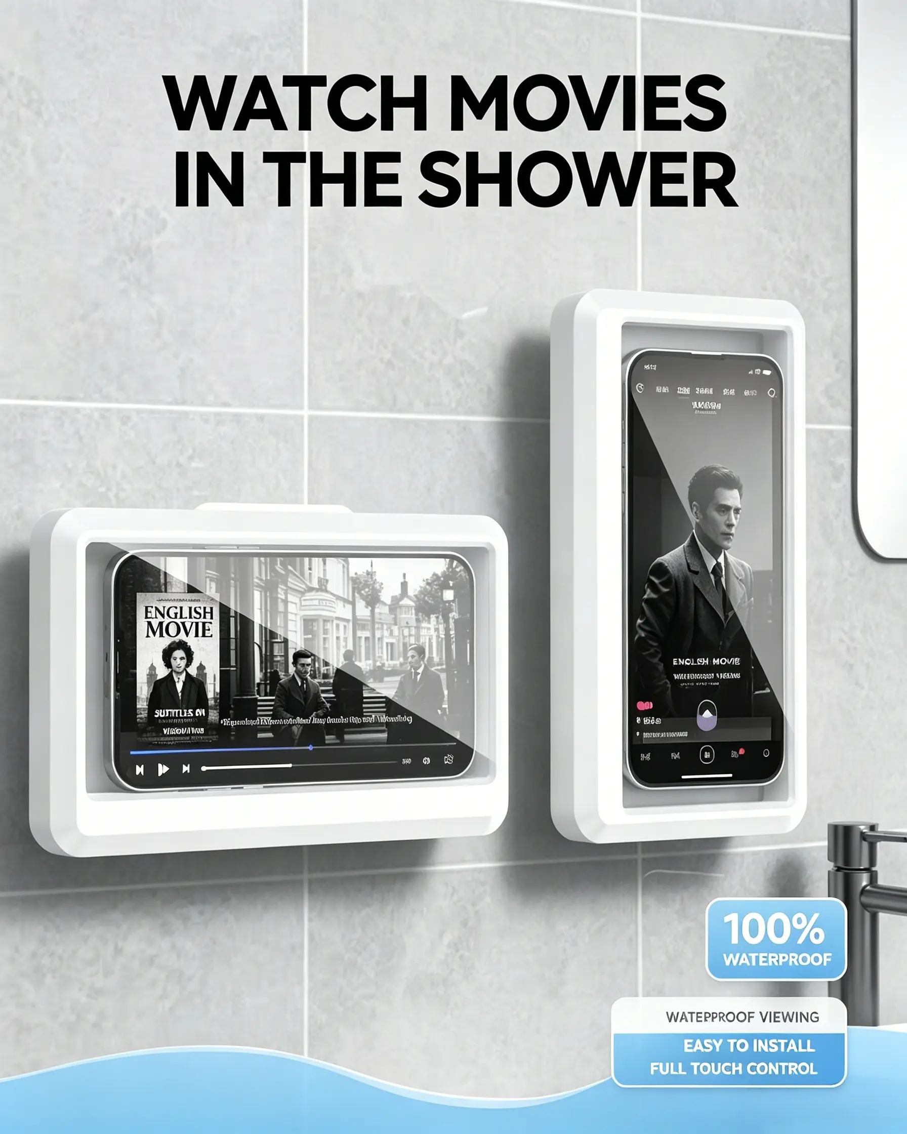 Waterproof Mobile Cellphone Holder for Shower-360-Degree Rotatable,Adjustable Stand, Tabletop & Wall-Mountable, Anti-Fog, Fits all size phones, Basics Casual Party Mobile Accessories.