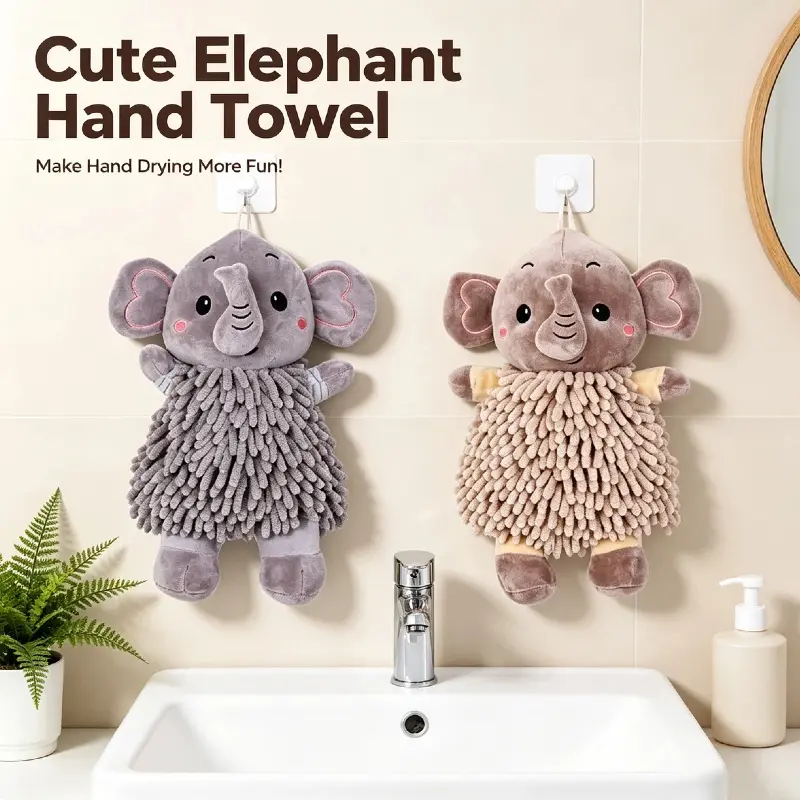 Chenille Fabric Animal Pattern Hanging Hand Towel - Cute Elephant Design, Super Absorbent Soft Cloth for Drying Hands, Unisex Bathroom Home Decor Supplies
