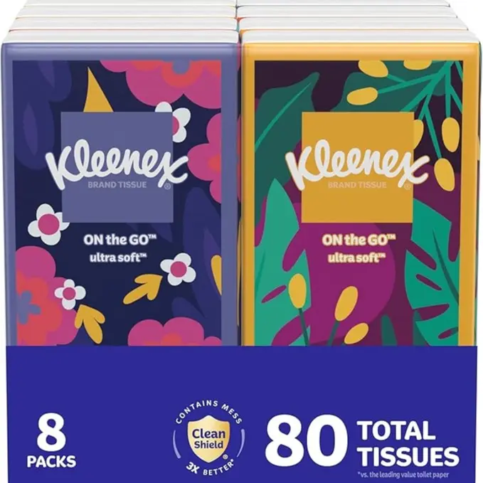 Kleenex On-The-Go Facial Tissues 8 Packs 10 Tissues per Box 3-Ply 80 Total Tissues Portable Everyday Convenience Napkin