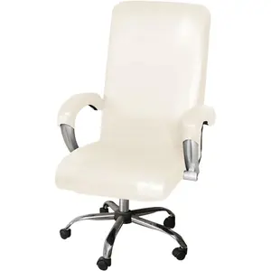 Waterproof Office Chair Cover with Armrest Covers PU Computer Desk Chair Cover with Zipper Rotating Gaming Chair Slipcover High Back Chair Seat Protector (White)