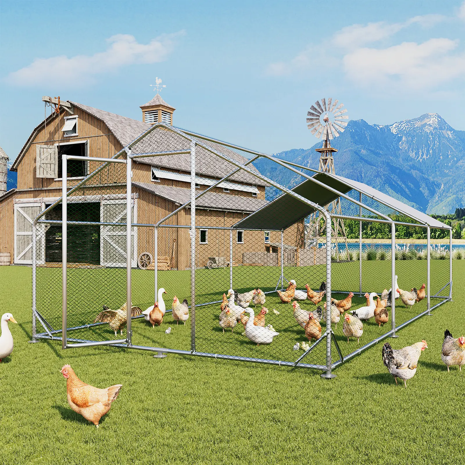 Coated Metal Walk-In Chicken Coop, Galvanized Outdoor Enclosure with 420D Oxford Fabric Cover, Spire Roof Hen House for Ducks with Security Lock, Easy Maintenance Farm Cage