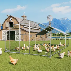 oneinmil Large Metal Chicken Coop, Outdoor Chicken Runs for Yard with Cover, Spire Roof Hen House Enclosure with Security Lock, Walk-in Cage Peak Hen House for Yard Farm