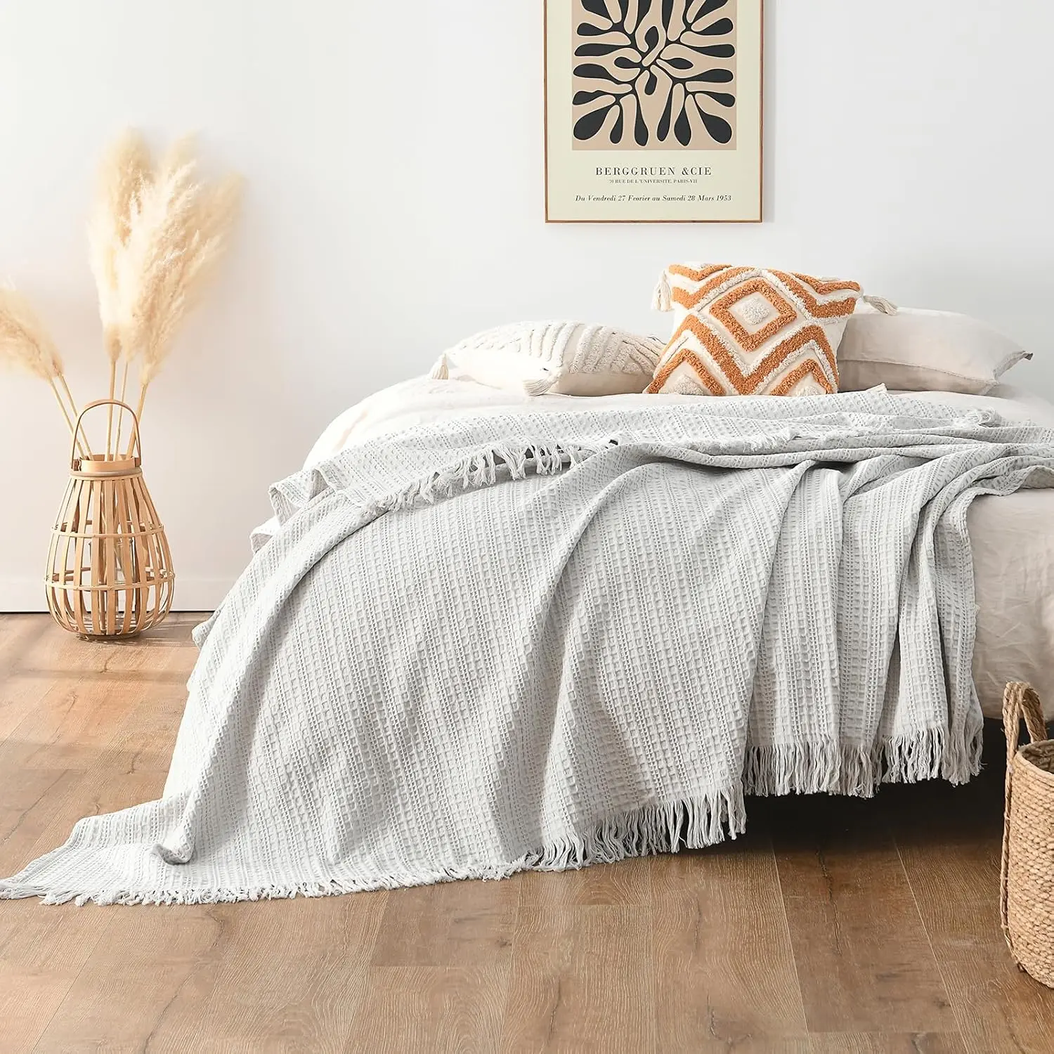 Waffle  Blanket with Fringe 90"x90", Pre-Washed Waffle Weave Blanket for  , Lightweight Breathable Soft Cozy Throw Blanket for Couch, Bed, Travel (Light Grey)