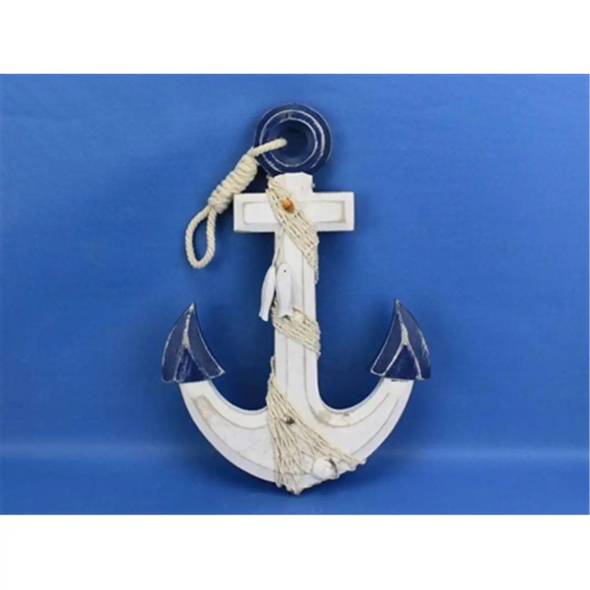 212 MAIN Handcrafted Solid Wooden Anchor Wall Art - 13 in. Hangable Nautical Model Ship Wall Decor, Rustic Blue-White Design, Detachable Hook, Rope, Shells, Decorative Beach House Accent