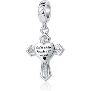 Cross Charm with God All Things are Possible Religious Dangle Bead Fits Pandora Bracelets