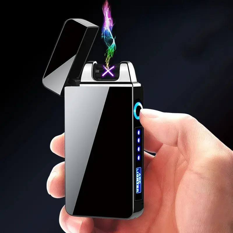 Rechargeable Double Arc Plasma Lighter - Windproof, Matt Black Metal Body, Touch Sensor, LED Power Display for Hiking, Light Outdoor Activities, Camping Campfires