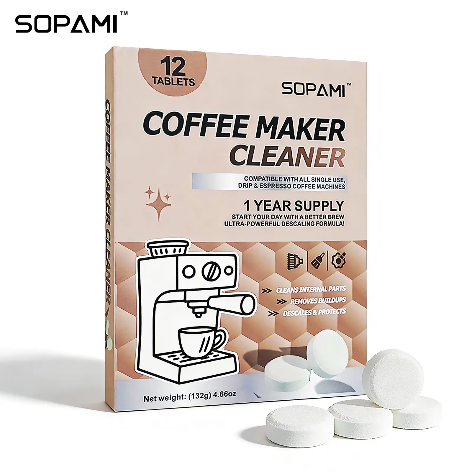 SOPAMI Coffee Maker Cleaner Tablets (12 Count, 1-Year Supply) - Descaling & Cleaning Tablets for Fully Automatic, Semi-Automatic, Espresso & Capsule Coffee Machines, Removes Limescale, Coffee Buildup & Odors, Helps Maintain Internal Components