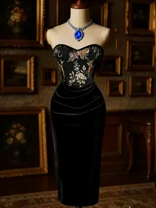 Women's Vintage Floral Embroidered Halter Dress, Fall Winter Fashion, Elegant Party Gown, Wedding Guest Attire, Evening Dress