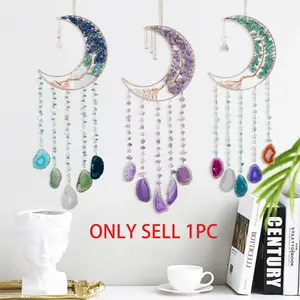 Natural Crystal Design Moon Sun Catcher, Agate Pendant Wind Chime Dream Catcher, Tassels Pendant Decor, Colorful Crystal Prism, Wall Hanging Design, Suitable for Decorating Garden, Patio and Balcony, Gift For Indoor and Outdoor Use