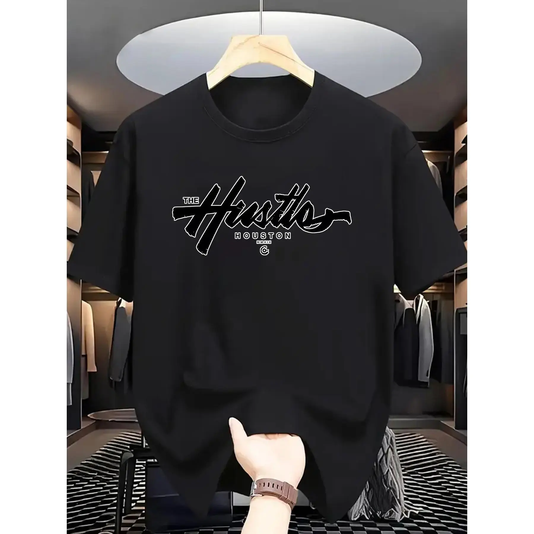 Cotton Short Sleeve  T-Shirt Hustle Houston Graphic Print T-Shirt for Men, Casual Crew Neck, Polyester Knit Fabric with Slight Stretch, Regular Fit, Short Sleeve Tee with Patterned Details for Summer