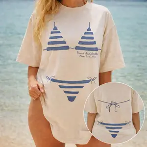 Custom Bikini Bachelorette Matching Shirts Oversized Beach Graphic Tee For Women Bridal Party Coastal Preppy Aesthetic Beige Cotton Last Splash Beach Bach Tee Seashell Bikini Bridal Gift Novelty Cover Up Shirt Miami Bride Squad