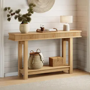 Farmhouse Fluted Rectangular Console Table, 2-Tier Narrow Wooden Entryway Sofa Table with Storage Shelf, Ideal Hallway Foyer Accent Table for Living Room & Dining Room, Natural Wood Finish