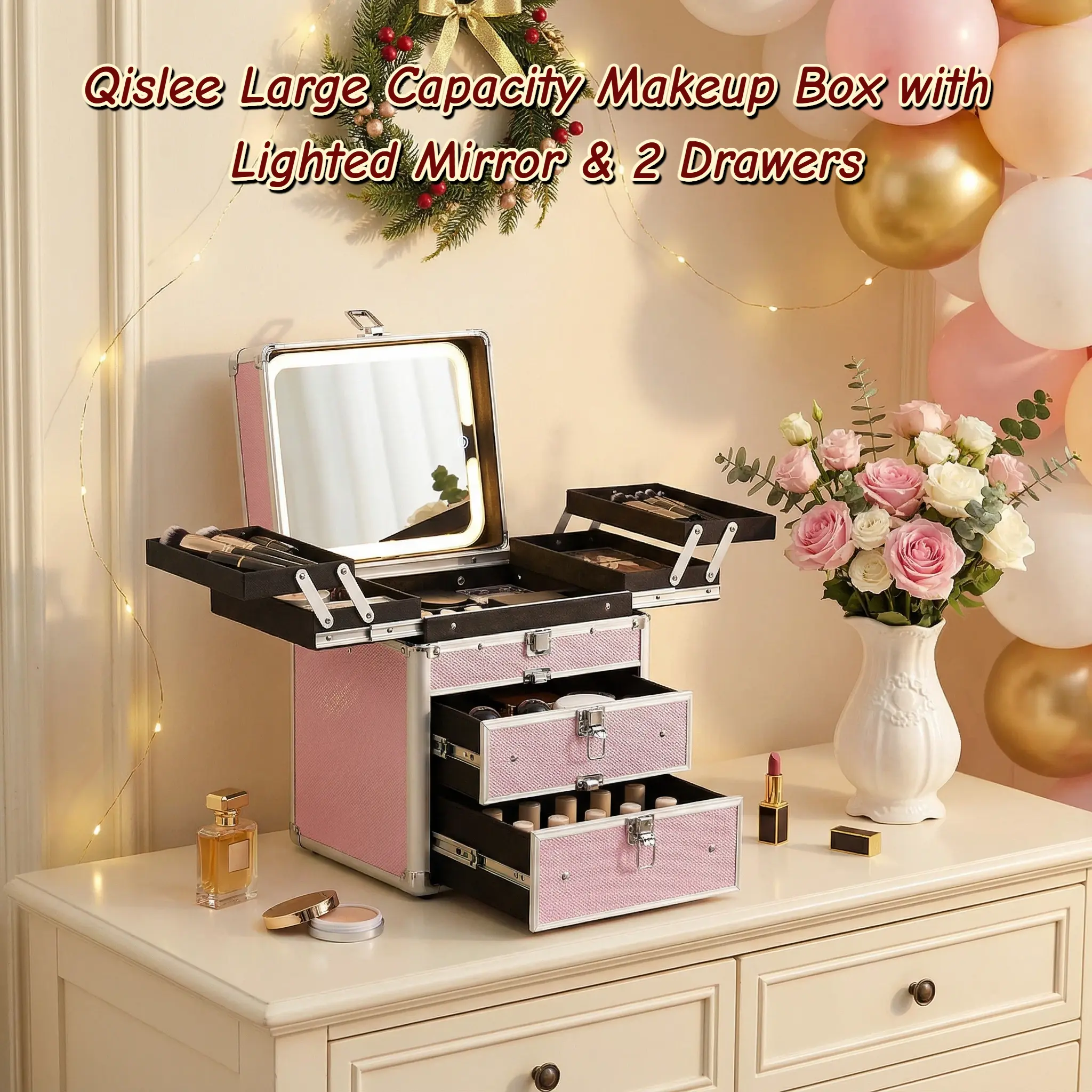 Qislee Large Capacity Cosmetic Case with 3-Color LED Mirror, Portable Functional Makeup Bag with 4 Trays and Storage Drawers, Ideal Gift for Women