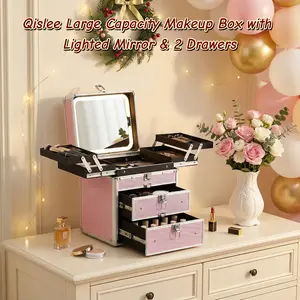 Qislee Makeup Box with Drawers and Four Trays, Travel Train Case with A Detachable Lighted Mirror, Cosmetic Organizer and Makeup Suitcase with Magnetic LED Mirror