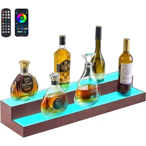 VEVOR LED Lighted Liquor Bottle Display, 2 - Tier 16 Inch Whiskey Rack, Supports USB, Illuminated Home Bar Shelf with RF Remote App Control, 7 Static Colors, Acrylic+ Wood Lighted Shelf for 8 Bottles