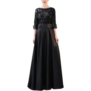 Party Dress for Women, Evening Dress, Long Dress, Midi Dress, Wedding Dress, Bridesmaid Dress, One-Piece Dress, Embroidered, Floral Pattern, Long Sleeves, Sequins, Maxi Dress, Bride, Wedding, Lace, Formal, Recital, Performance, Reception, Tulle (XL, Black