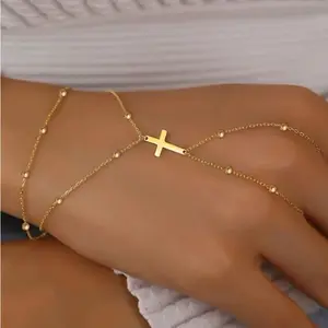 simple double-layer bead cross bracelet layered metal cross finger chain jewelry
