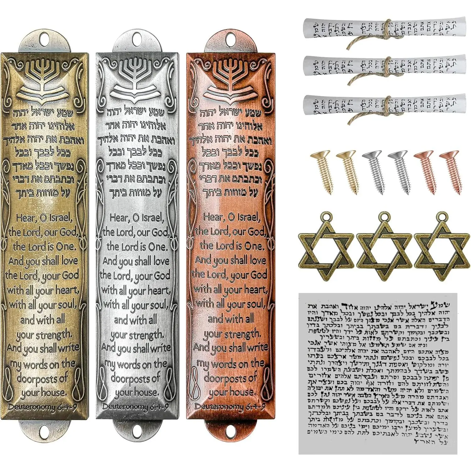 FEIXICHUJI Metal-Plastic Jewish Mezuzah Cases Set (3 Pcs) with English-Hebrew Scrolls, Religious Decor for Door, Housewarming Blessing Gifts, Hand