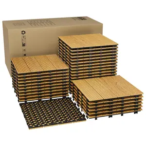 GAOMON 33 PCS Interlocking Deck Tiles, 12"X12" Solid Acacia Wood Flooring for Outdoor & Indoor, All Weather Waterproof Snap Together Patio Tiles for Balcony, Poolside, Deck,Yellow Wood Grain Pattern