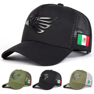 Urban Black Baseball Cap, Unisex Mesh Trucker Hat with Mexican Eagle Patch, Adjustable and Breathable for Outdoor Wear, Black Cap