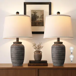 Farmhouse Lamps for Living Room, 21" Bedside Lamps Set of 2 with Linen Lampshade, Rustic Ceramic Table Lamp for Bedroom, End Table, Nightstand, Dining, Office, Home Decor, Black(Bulb Included)