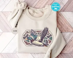 Camo Flying MaIIard Bird Old School Camo Sweatshirt, Hunting Season Sweatshirt, Lover Gift, Duck Lover Sweater