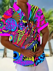 Men's Short Sleeve Shirt, Abstract Art 3D Digital Print, Tropical, Vintage Style, Polyester Material, Loose Fit, Pocket Design, Summer Casual Wear