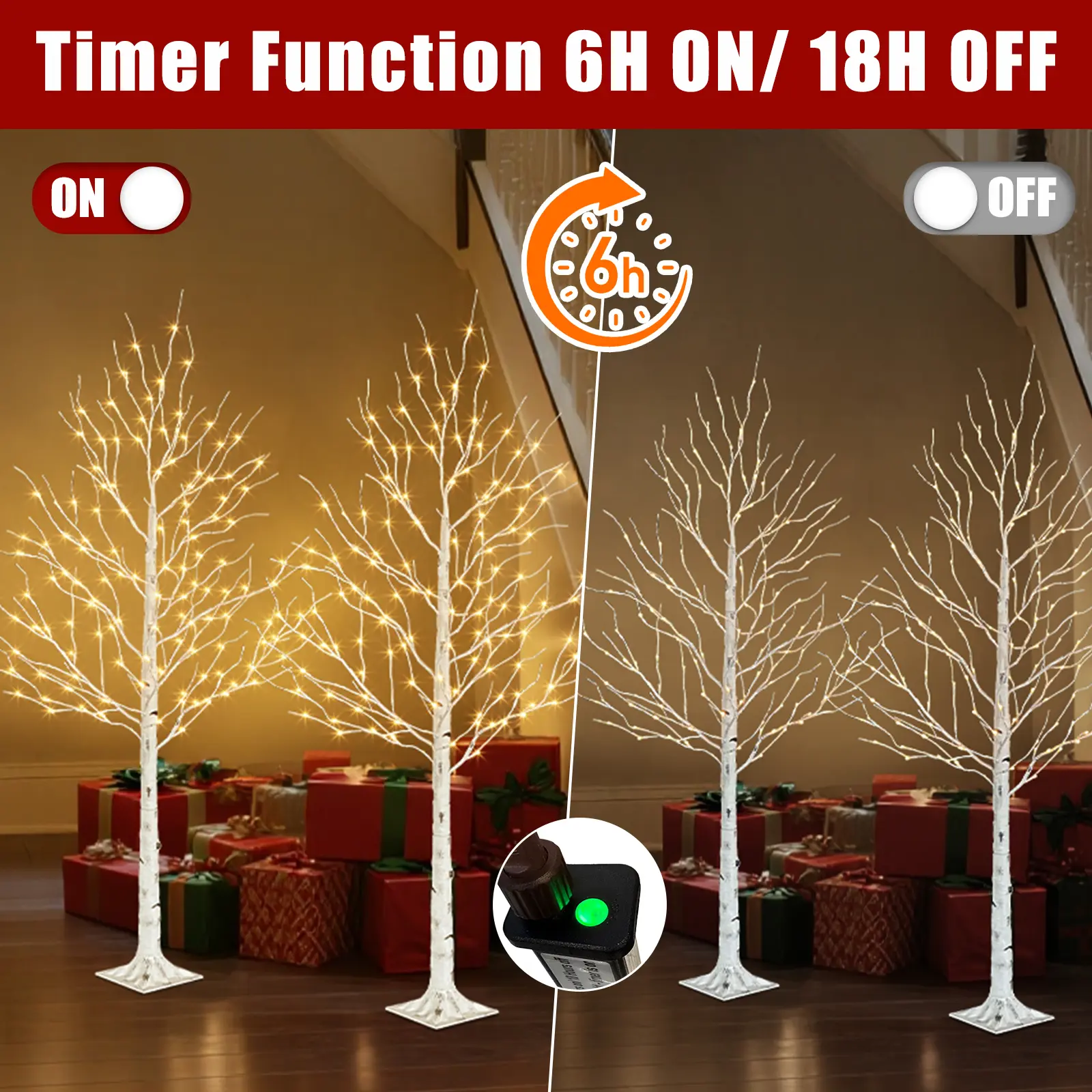 EAMBRITE 2‑Pack 6FT Lighted Birch Tree，128 Warm White LED Lights with Timer & Dimmable, Artificial Light Up Tree for Indoor Outdoor Holiday Wedding Porch Bedroom Garden Party Decor, Party Light, Party Decoration Supplies