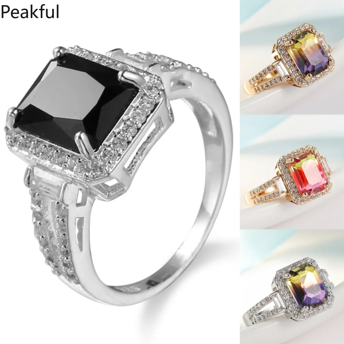 Gothic Style Black Onyx CZ Halo Ring, Women’s Silver Plated Emerald Cut Statement Jewelry, Bold Vintage Engagement Inspired Ring, scratch-resistant metal, great for alternative fashion, special events, birthday gifts and daily styling