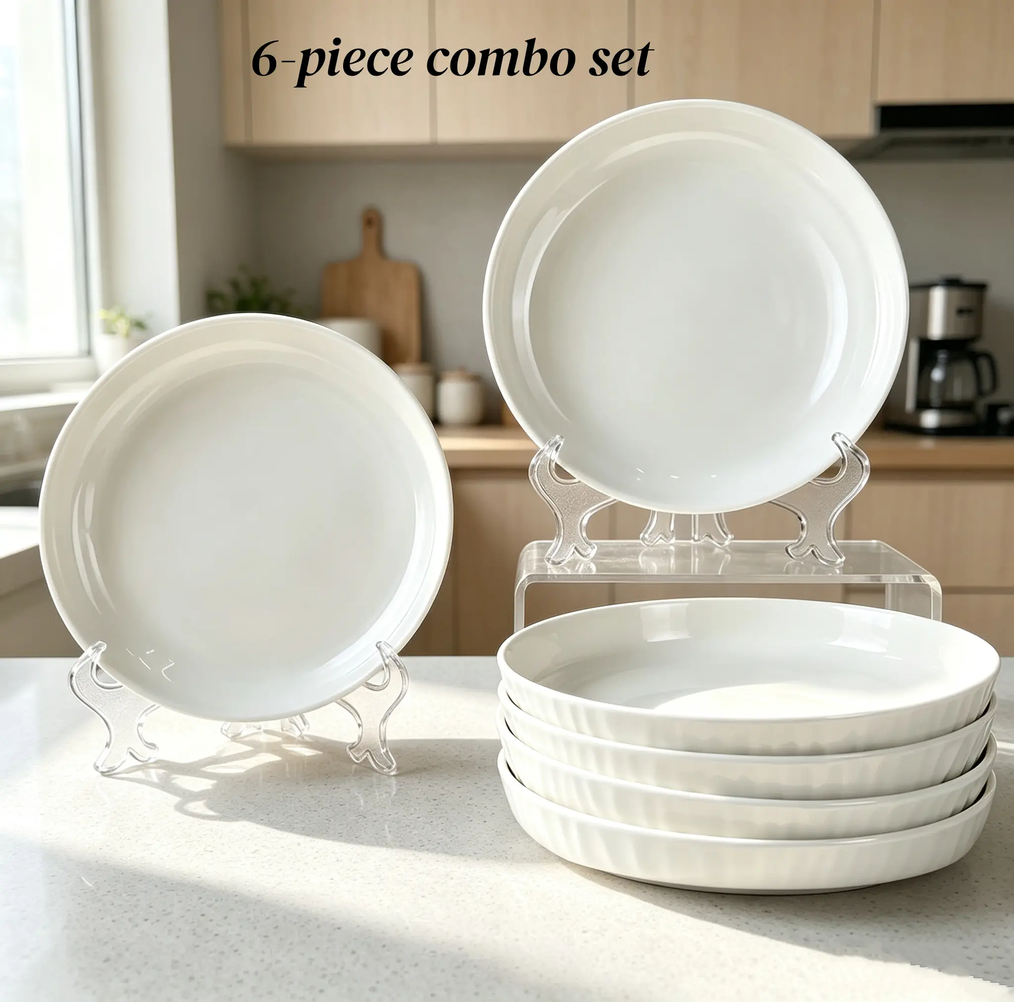 6-piece all-white ceramic dinnerware set, 8-inch white stone-textured embossed plates, microwave and dishwasher safe, perfect for steak, salad, and pasta, ideal for home and gatherings