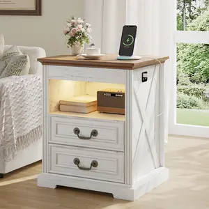 FREDEES  Night Stand with Gun Drawer, Bedside Table with LED Light & Human Sensor, Nightstand Gun Safe with 2 Drawers for Bedroom, Farmhouse End Table with Charger Station