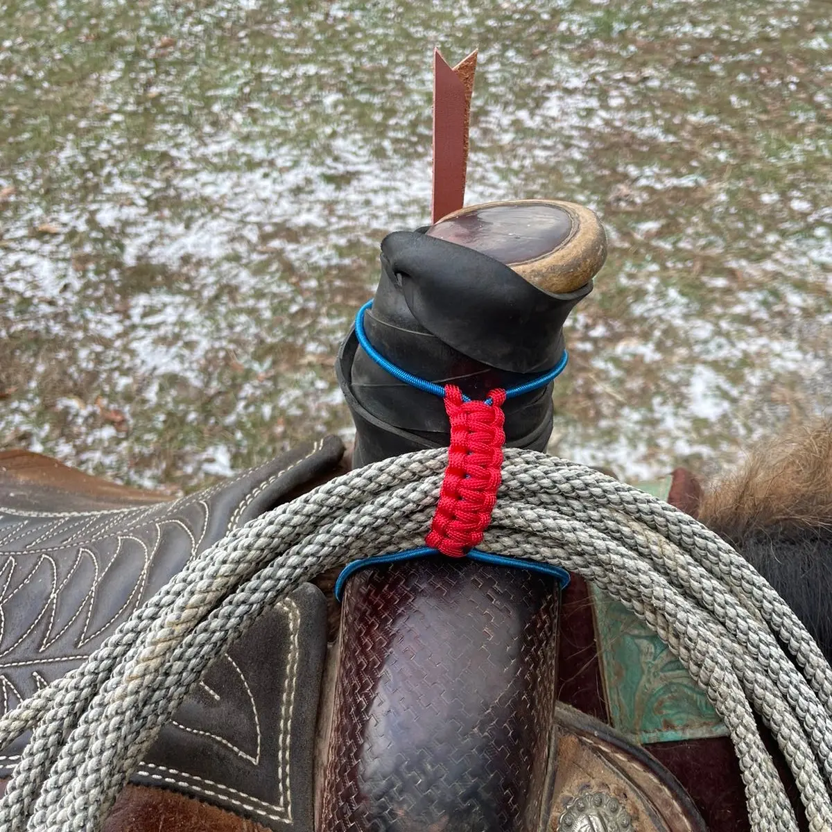 Saddle Stirrup and Rope Holder, Saddle pack and tie up accessory, Lasso keeper, Lasso holder for saddle, Cowboy saddle tack, Western Trail Riding gear and accessories.