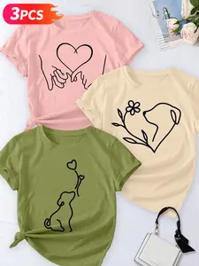 Women's 3-Pack Casual Short Sleeve Crew Neck T-Shirt, Tropical Coconut Tree/Sunset Wave/Beach Shell Vacation Print Set, Multiple Colors, Machine Washable, Spring & Summer Top, Soft Skin-Friendly Fabric, Daily Wear, Fashion Design