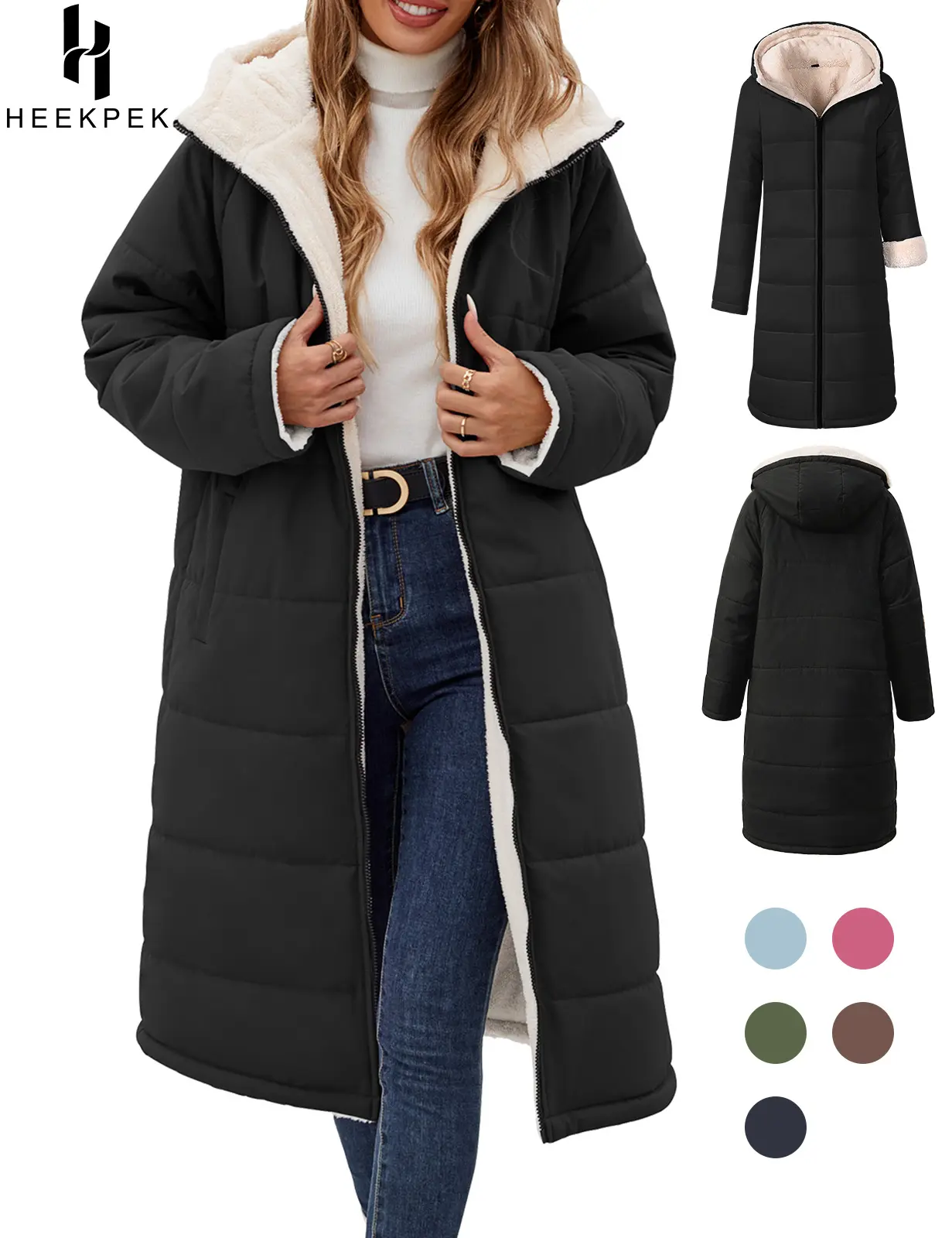 HEEKPEK Women's Oversized Sherpa Fleece Lined Long Hooded Puffer Coat - Long Sleeve, Windproof, Insulated, Basic, Cozy Fashion, Cold Weather Style, Removable Waterproof Protective Women's Down Jacket, Casual Outdoor Wear 2026