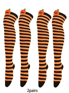 2pairs Orange Black Striped Knee Over Socks Halloween Party Dress Up Socks 3D Pumpkin Head Design Suitable for Women's Party Dress Up